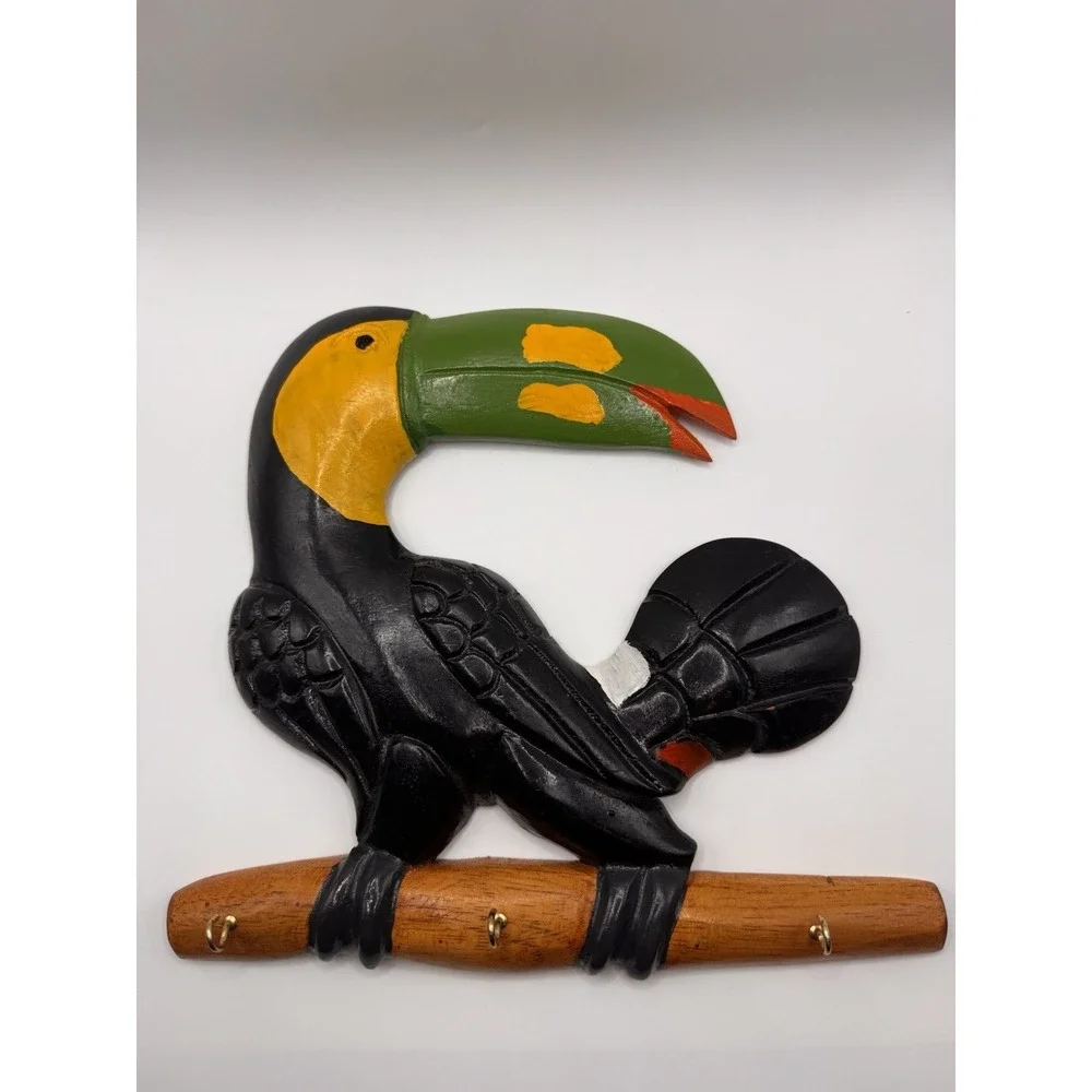 Wall Hook Key Holder Pair Toucan Hand Carved Wood‎ Panama Folk Art 3 Hooks